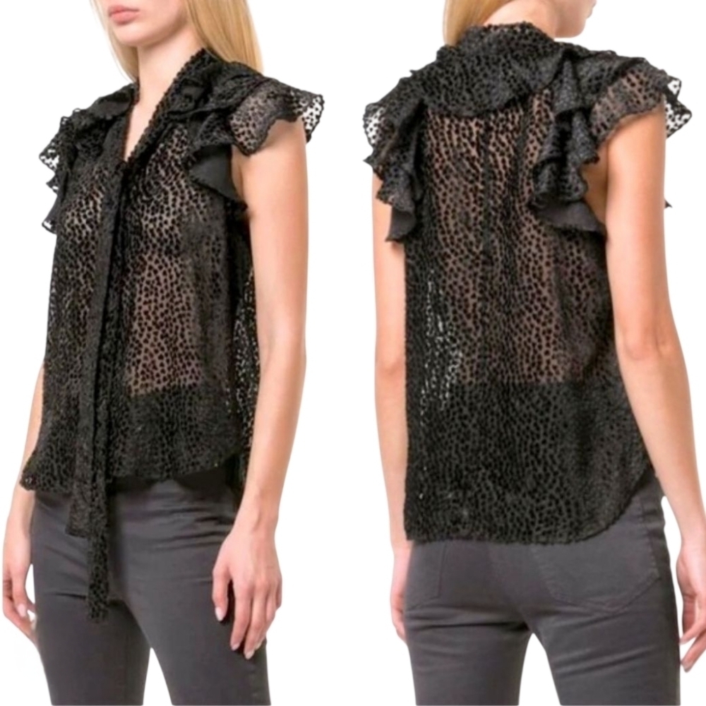 Robert Rodriguez Pauline Burnout Velvet Top Black Sheer Ruffled Sleeves size 4